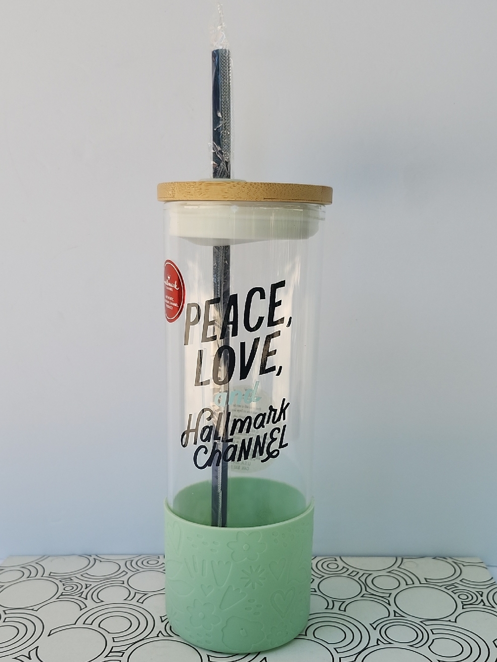 NWT HALLMARK "PEACE, LOVE, AND HALLMARK CHANNEL" GLASS WATER BOTTLE